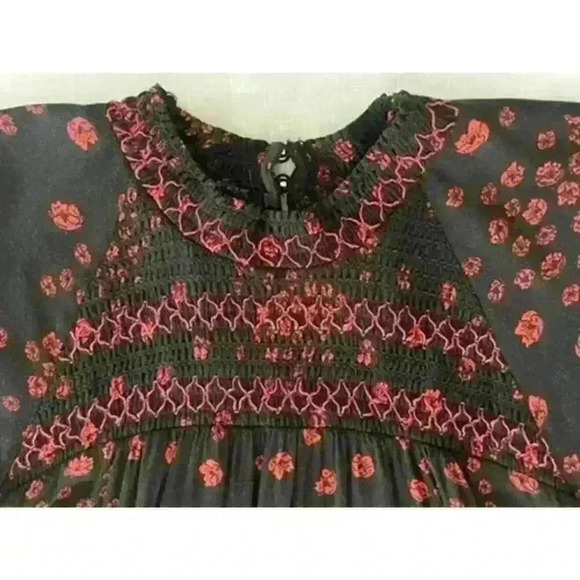 Free People XS Smocked Tunic Mini Dress Black Floral Boho WhimsyGoth Babydoll - Picture 7 of 15
